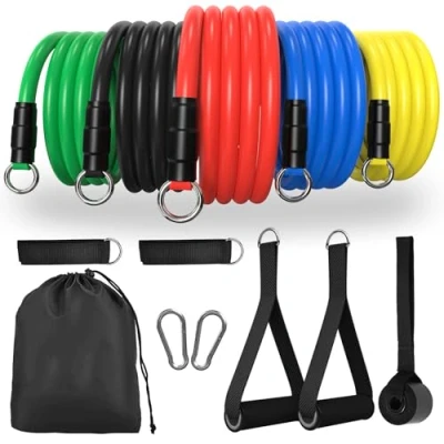 Image of POWER GUIDANCE 16pcs Resistance Bands Set for Men and Women, Exercise with Handles, Stretch Training 5 Bands, Loop Door Anchor, Ankle Straps Carry Bag