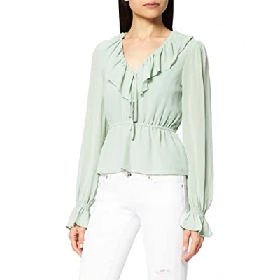 Image of NA KD Women&#039;s Frill V Neck Chiffon Blouse, Largeight Green, 6 UK
