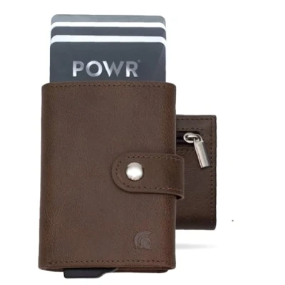 Image of POWR Wallet Men Metal Cardholder with Coin Compartment. Brown Vegan Leather RFID Card Holder for Men. Minimalist Credit Holders Pop Up Slim