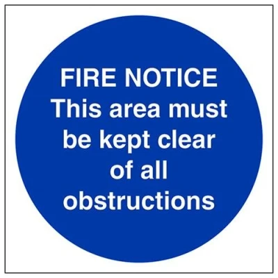Image of VSafety Fire Notice This Area Must Be Kept Clear Of All Obstructions Sign Square 200mm x 1mm Rigid Plastic