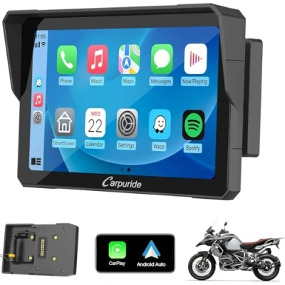Image of Carpuride W702B Motorcycle CarPlay Screen with Custom Mount for BMW Motorbike, Wireless and Android Auto, Portable 7 inch Waterproof Touchscreen, Dual Bluetooth, Navigation, Siri.