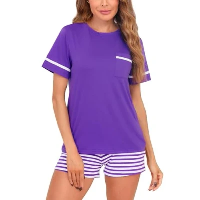 Image of Reliwel Women&#039;s Pyjama Sets Short Pyjamas for Women two Pieces Ladies Cotton Printed Top and Shorts Comfy Sleepwear Loungewear Striped With Pockets Summer S XXL