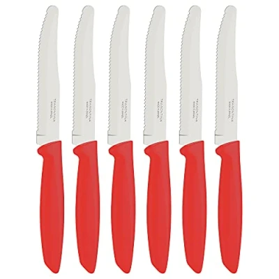 Image of Tramontina Kitchen Knives Set of 6, Serrated Fruit Tomato Cooking Knife, Vegetable Chopper Peeler, Stainless Steel, Multipurpose, Rounded Tip, Red, 23498755