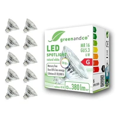Image of greenandco® CRI 90+ 4000K 36 LED spot Replaces 40 Watt GU5.3 MR16 Halogen Spotlight, 6W 380 Lumen Neutral White 12V AC/DC, not dimmable, 10 Pack
