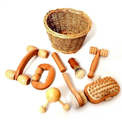 Image of Playlearn 8pcs Birch Wood Therapy Massage Tools Set for Body Stress Relief Wooden Tool Rollers Shapes Brushing Presented in Willow Basket Back Neck Shoulder Arms Legss
