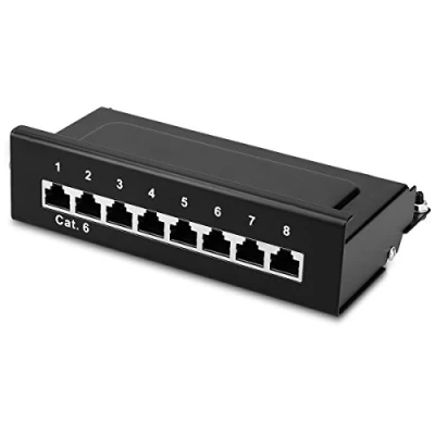 Image of kwmobile 8 Port Patch Panel RJ45 Cat6 Shielded Network Splitter with Ground Wire Includes Screws and Dowels for Wall Mount Installation