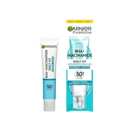 Image of Garnier Sunscreen, With SPF50, Anti Imperfection Fluid, Prevents &amp; Corrects Sun Damage, Invisible and Matte Finsih, Pure Active BHA + Niacinamide Daily UV, 40ml