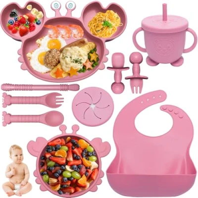 Image of Kinyoda 10 Pieces Baby Weaning Set Silicone Feeding Supplies for Toddlers with Suction Cup, Bib, Spoon, Fork &amp; Sippy Tableware, Presents (Pink)