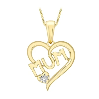 Image of Carissima Gold Women&#039;s 9ct Yellow Diamond &#039;MUM&#039; Heart Pendant on Curb Chain Necklace of 46cm/18&quot;