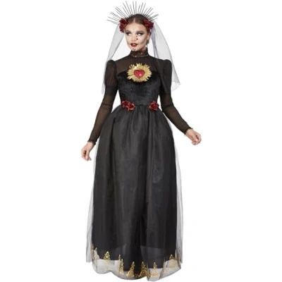 Image of Smiffys Deluxe DOTD Sacred Heart Bride Costume, Black Dress &amp; Veiled Headband, Mexican Day of The Dead/Sugar Fancy Dress, Dead Lady Up Costumes
