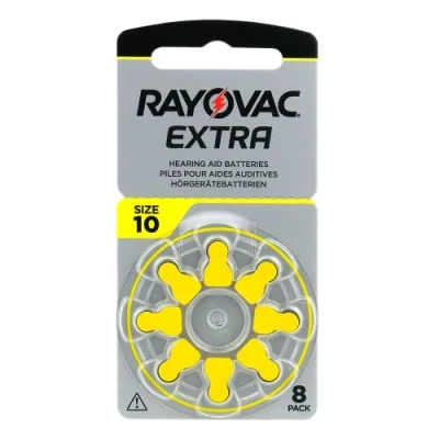 Image of Rayovac Extra 10, 8 pieces, hearing aid batteries, high performance, zinc air 1 blister card, yellow 10AUX 8XEMF