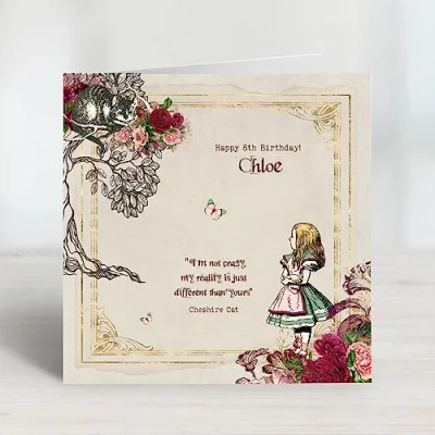 Image of Personalised Alice in Wonderland Birthday Card Cheshire Cat Quote