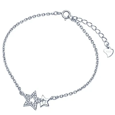 Image of Yumilok 925 Sterling Silver Cubic Zirconia Women Charm Bracelet Double Stars Heart Link Hand Chain with Extension