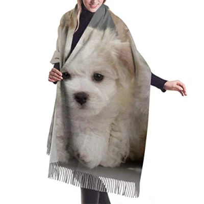 Image of 408 Stole Scarf Bichon Frise Puppies On Gray Tassel Shawl Lightweight Scarves For Women Warm Christmas Gifts 72X197Cm