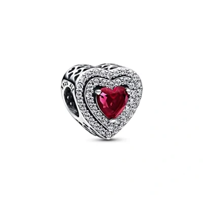 Image of Pandora Timeless Sparkling Levelled Heart sterling silver charm with cherries jubilee red crystal and clear cubic zirconia