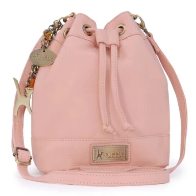 Image of Catwalk Collection Handbags Women&#039;s Leather Crossbody Bag Drawstring Bucket Small/Medium Adjustable Shoulder Strap ROCHELLE Pink