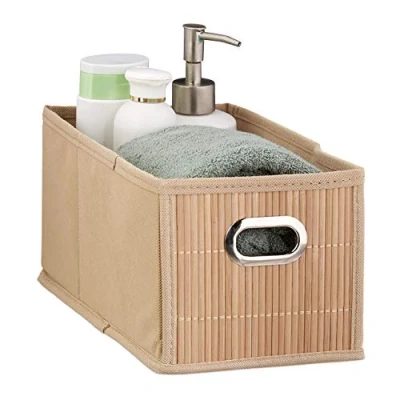Image of Relaxdays Bamboo Storage Basket, Bathroom Organiser, Rectangular, Narrow Box, HxWxD 14 x 15 31 cm, Folding, Natural, Fleece