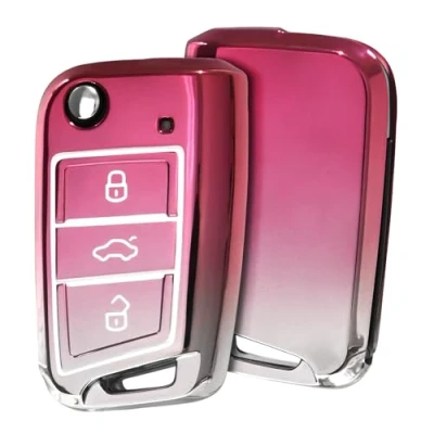 Image of OATSBASF Car Key Case for VW, Compatible with VW Golf 7 MK7，Silicone Case, Box Cover Polo, Skoda, Tiguan, 3 Buttons JBS Pink