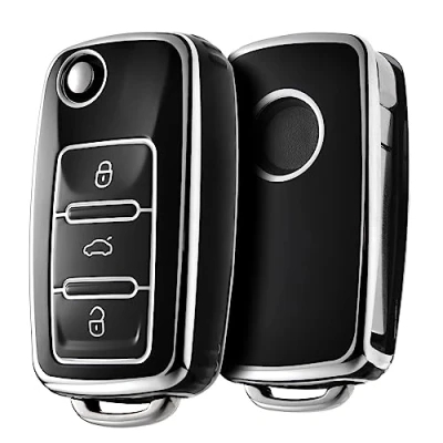 Image of OATSBASF Car Key Cover VW, VW Golf Box, for Polo Passat Skoda Seat 3 Buttons (Silver Edge Black)