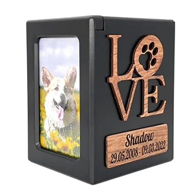 Image of Tarngod custom name and date, engrave your blessing text, urn, pet urn for dogs cats, souvenir wood box. (Black L)