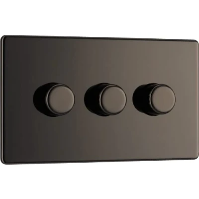 Image of BG Electrical Intelligent Triple Wall Dimmer Switch, 2 Way, Screwless Front Plate, Premium Flatplate, Black Nickel, 200W, FBN83