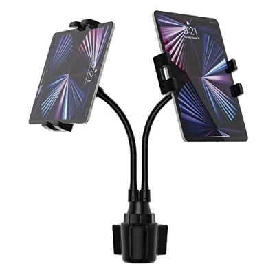 Image of woleyi Dual Car Cup Holder Tablet Mount, Adjustable Cupholder Stand with Gooseneck Double Long Arm for iPad Pro 12.9 Air Mini, Galaxy Tabs, iPhone, More 4 13&quot; Phones and Tablets