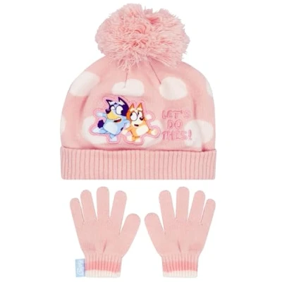 Image of Bluey Hat And Gloves Set Girls Kids Bobble Co Ord One Size Pink
