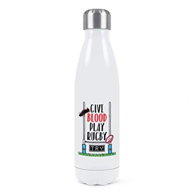 Image of Give Blood Play Rugby Double Wall Water Bottle Insulated Stainless Steel Sports Drinks 500ml White