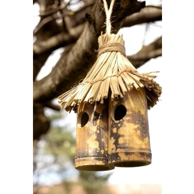 Image of Garden Mile Tiki Style Unique Decorative Bird House Predator Proof Nesting Box Traditional Natural Wooden Hanging Hut with straw roof Boxes fro small wild birds