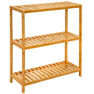Image of DuneDesign 3 Tier Bamboo Shelf 69x60x26 Wooden Shelving Unit Open Storage Rack Bathroom Kitchen