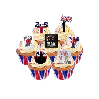 Image of 30 Stand Up VE Day Victory Europe WW2 Remembrance Themed Edible Wafer Paper Cake Toppers Decorations