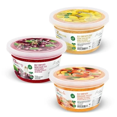 Image of INSPIRE FOOD Popping Boba Variety Pack Peach, Cherry &amp; Lemon (3 x 450 gm) No Artificial Colors Lower Sugar, Real Fruit Juice 100% Vegan Glutenfree