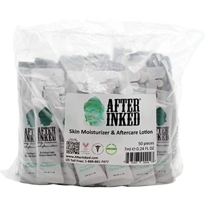 Image of Vegan Tattoo Aftercare Lotion by After Inked. Best for new tattoos, Permanent Make Up, Micropigmentation, Microblading and Laser Removal. Sachet Sizes: 7 ml bag of 50 (no stand)