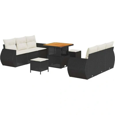 Image of vidaXL 9 Piece Garden Sofa Set with Cushions Black Poly Rattan Acacia