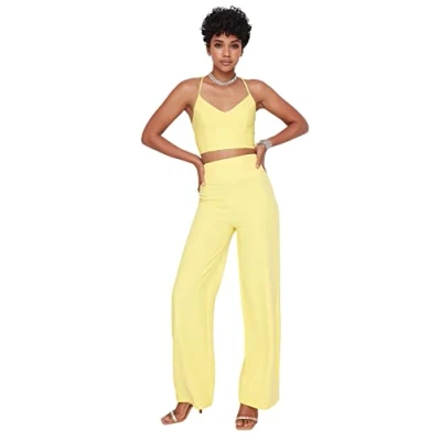 Image of Trendyol Women High Waist Wide Leg Trousers Yellow