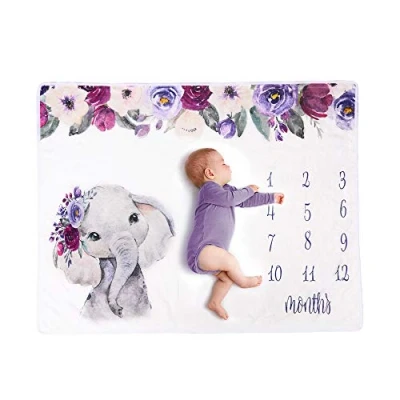 Image of Baby Monthly Milestone Blanket for Boy or Girl Newborn Elephant Flannel Photo Props Backdrop Personalized Shower Gifts Track Age &amp; Growth