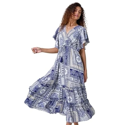 Image of Roman Paisley Print Boho Maxi Dress for Women UK Ladies Spring Everyday Summer Holiday V Neckline Comfy Batwing Sleeves Soft Fit &amp; Flare Frock Dinner Date Gowns Navy Ivory Size 10