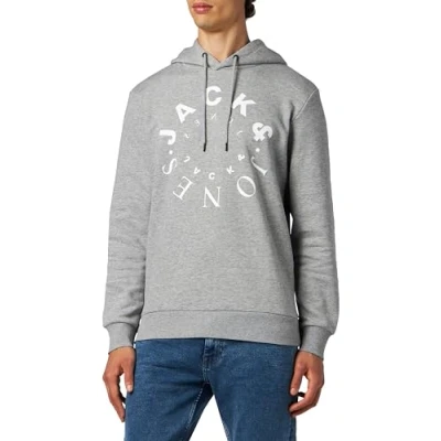 Image of JACK &amp; JONES Men&#039;s Jjwarrior Ub Sweat Hood Sweatshirt, Light Grey Melange/Print: Large, XL