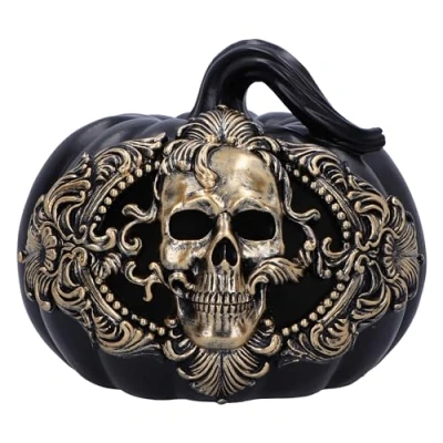 Image of Nemesis Now Baroque Harvest Pumpkin Skull 16.7cm, Resin, Black and Gold Ornament, Halloween Décor, Design, Reusable Pumpkin, Cast in the Finest Expertly Hand Painted