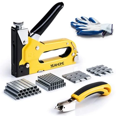 Image of Upholstery 4 in 1 Staple Gun Heavy Duty, with 6000 Staples, Remover, Gloves, Manual Brad Nailer Power Adjustment Stapler for Wood, Upholstery, Carpentry, Decoration DIY