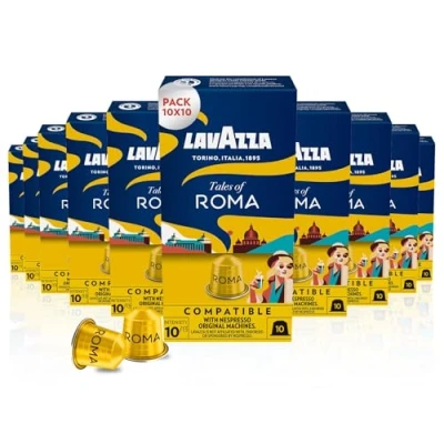Image of Lavazza, Tales of Roma, 100 Nespresso Original Machine Compatible Coffee Capsules, with Notes Hazelnut and Dark Chocolate, Arabica Robusta, Strength 10/13, Medium Roast, 10 Packs