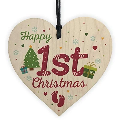 Image of RED OCEAN First 1st Christmas Baby Mummy Daddy Gift Bauble Decoration Handmade Wooden Heart Sign