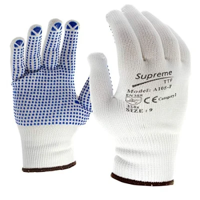 Image of POWCOG Non Slip Gripper Gloves in White Nylon with Blue PVC Dots Warehouse Work or General Use (1, Large Size 9)