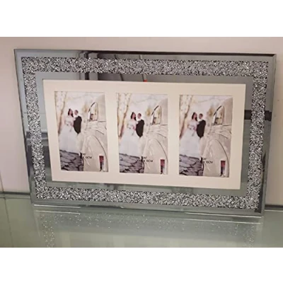 Image of Silver Diamante Crushed Crystal Photo Frame Multi Aperture Picture For 3 Photos 4x6 inch (48cmx29cm)