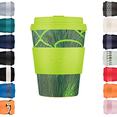 Image of Ecoffee Cup 12oz 350ml Reusable Eco Friendly 100% Plant Based Coffee with Silicone Lid &amp; Sleeve Melamine Free Biodegradable Dishwasher/Microwave Safe Travel Mug, Bloodwood