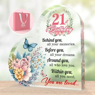 Image of CROWNLY CRYSTAL® 21st Birthday Gifts for Her Heart Shaped Acrylic Plaque Personalised Women Decorations Gift Ideas Cute Romantic