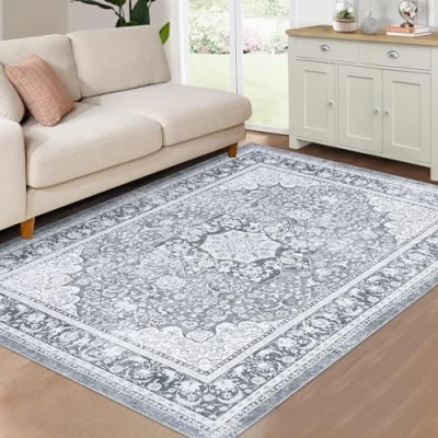 Image of LuxFocus Washable Rug for Bedroom 120 x 170 cm Distressed Vintage Non Slip Carpet Low Pile Retro Printed Area Dining Room Home Office Grau