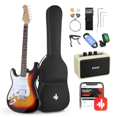 Image of Donner 39 Inch Left Handed Electric Guitar Kit Solid Body Sunburst Lefty Beginner Set Full Size with Amplifier Bag Capo Strap String Tuner Cable Picks DST 100SL