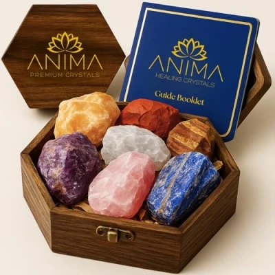 Image of Anima Premium Healing Crystals Gift Large Raw 7 Chakra Set with Rose Quartz and Amethyst Crystal Gemstones in Wooden Box Spiritual Gifts for Women Meditation, Protection Guide Booklet