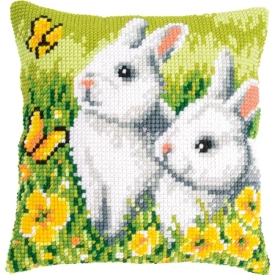 Image of Vervaco Rabbit and Butterfly Cross Stitch Cushion Kit, ecru, ca. 40 x cm